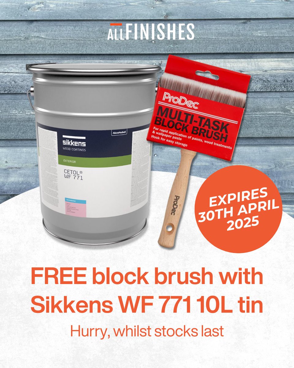 AllFinishes's tweet image. Is your garden in need of some TLC? For a limited time, order a 10L tin of Sikkens CETOL® WF 771 and get a FREE ProDec Multi-Task Block Brush!

🔶 Claim your FREE brush here: allfinishes.co.uk/product/wood-f…

#Sikkens #ProDec #WoodStain