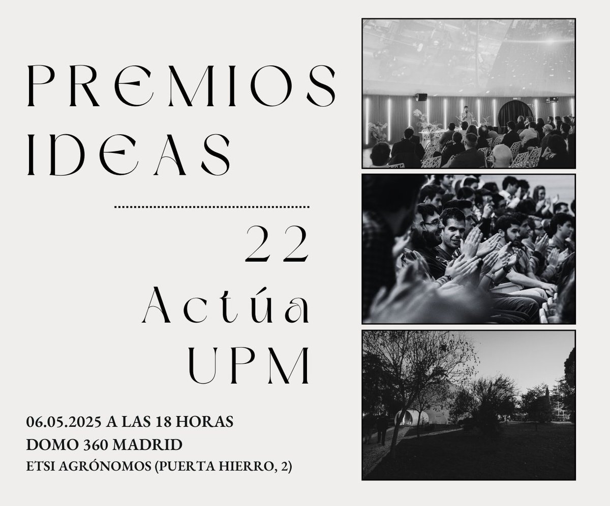 actuaupm's tweet photo. ¿Quieres conocer las mejores ideas de negocio del momento? ¡No te pierdas los Premios Ideas de la 22 Competición Actúa UPM! Te esperamos el día 6 de mayo a las 18 h en el Domo 360 de @etsiaab @La_UPM 

https://t.co/DW3stgLgTJ https://t.co/G01Uu3ljeM