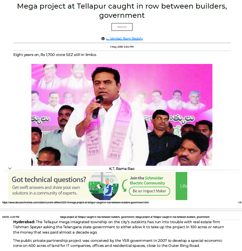 HydREGuide's tweet photo. 🚨 KTR & Co – Tellapur Technocity Scam | Part 1: What Really Happened 
This exposé unfolds in 3 parts:
Intro – Timeline & how it all began and overview
Land Grab – How KTR’s cronies took over TTPL from original owners
Shady Deals – Bizarre HMDA/MUAD agreements that favored the developers

Introduction:
Start - 2007:
Big names like Tishman Speyer (US firm behind Waverock), ICICI Ventures, and NCC teamed up with HMDA to build a 400-acre mega township in Tellapur.
Only 100 acres were acquired ,they paid ₹446 Cr upfront (₹4.46 Cr/acre) for that part. HMDA held just a 1.5% stake (later increased to 5%).
Pause- 2008:
Global financial crisis hit, Additional Land couldn't be acquired. The project stalled.The JV was stuck. 

The Twist (2014–2018)
Once things improved , back from 2014, Tishman & ICICI kept asking HMDA: "Give us the land or return the money." Zero response. By 2017/18, they were under pressure 😓
Surprise Entry:
Suddenly My Home Group & Pratima Group enter the scene. Everything magically speeds up . They takeover
one by one, initially Tishman,&ICICI  and an year later NCC get pushed out of TTPL, entirely replacing TTPL  by My Home + Pratima directors by 2020.  The amount received by the original companies as per company filings is shockingly low.
Now the same land cleared for massive residential towers(Sayuk + Akrida+Avali) with strange & favorable agreements from  HMDA. And another residential + commercial coming up too.

Only MP @RaghunandanRaoM publicly questioned this shady deal, while here was silence from both the ruling party and opposition.

👉 Part 2 coming soon: How the takeover happened in detail along with detailed timeline  & how much the original firms got (or didn’t get) 

🧾 Various Sources used for 3 parts:
NCC annual reports
TTPL Mauritius filings
MCA/Zauba directors data
RERA agreement Docs
Various News sources

#HyderabadScam #RealEstateScam #Tellapur #MyHome #KTR