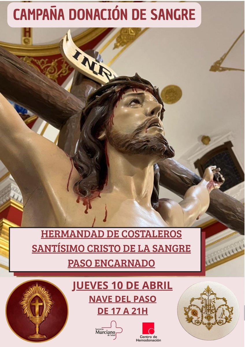 🩸CENTRO REGIONAL DE HEMODONACIÓN 🅰️🅱️🅾️🆎 (@donarsangremu) on Twitter photo #BuenosDiasATodos cita importante con la VIDA, con la SOLIDARIDAD, os esperamos 𝐦𝐚𝐧̃𝐚𝐧𝐚 𝐣𝐮𝐞𝐯𝐞𝐬 en la nave del <a href="/PasoEncarnado/">Paso Encarnado</a> de 17 a 21h. con tu donación regalas oportunidades de vida!
🫶 Hermandad de Costaleros del “SANTÍSIMO CRISTO DE LA SANGRE”
🩸Te esperamos⬇️ #BuenosDiasATodos cita importante con la VIDA, con la SOLIDARIDAD, os esperamos 𝐦𝐚𝐧̃𝐚𝐧𝐚 𝐣𝐮𝐞𝐯𝐞𝐬 en la nave del <a href="/PasoEncarnado/">Paso Encarnado</a> de 17 a 21h. con tu donación regalas oportunidades de vida!
🫶 Hermandad de Costaleros del “SANTÍSIMO CRISTO DE LA SANGRE”
🩸Te esperamos⬇️