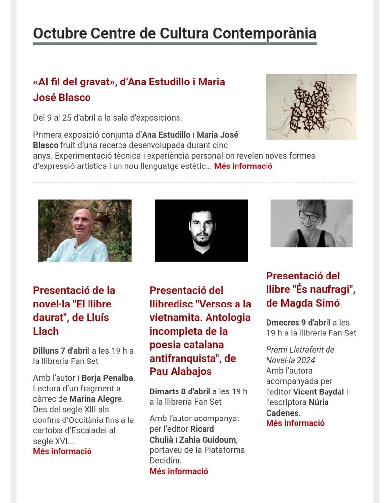 CompanyStas's tweet photo. #9abril25
7hV
✓"Les ferides del món" de @vicentuso a Vila-real/teatreTagoba
✓"És naufragi" de @magdasimo a VLC/llibreria FanSet

8hV "La resistència lingüística" de @FrancescGisber1
a Gandia/casal Jaume I 

2/4 de 9hN @Naina #Trapella a VLC/@16_Toneladas https://t.co/SlCDdaTTSl