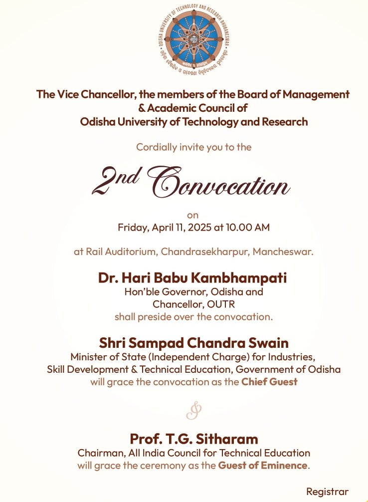 AICTE_INDIA's tweet photo. AICTE Chairman Prof. @SITHARAMtg will grace the 2nd Convocation of @outruniversity as Guest of Eminence on April 11, 2025. 

#AICTE #OUTR #Convocation2025 https://t.co/HA8UpPsh4t