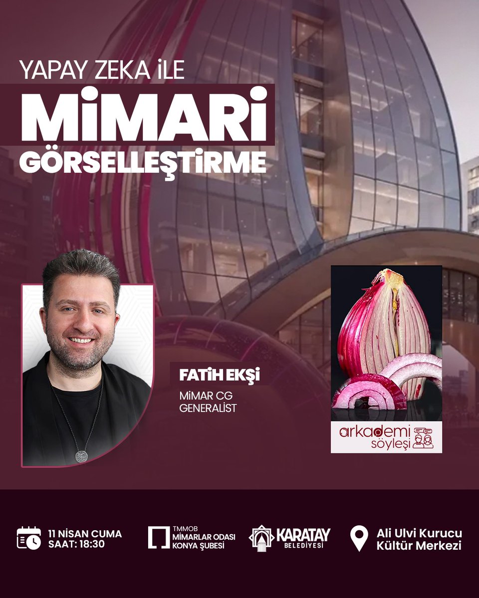 Arkademi Etkinlikleri kapsamında 11 Nisan Cuma günü 18.30' da Ali Ulvi Kurucu Kültür Merkezi' nde düzenlenecek olan, Mimar-CG Generalist Fatih EKŞİ' nin "Yapay Zeka İle Mimari Görselleştirme " başlıklı Arkademi Söyleşisine tüm üye ve öğrencilerimiz davetlidir.