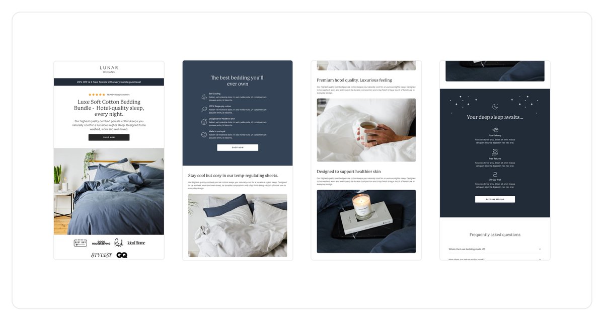 GregOutram's tweet photo. Here’s an email template design exploration we created for a luxury bedding brand.

This is how it works so well:

Clear structure.
Each section has a purpose; introduce the product, explain the benefits, show how it looks and feels, then guide the customer to buy.

Strong visuals.
The photography does a lot of the work. It shows comfort, warmth, and quality without needing many words.

Simple, calm copy.
The writing is clear and easy to read. It doesn’t try too hard to sell. You get the feeling this is a premium product just by the tone.

Designed for mobile.
The layout stacks cleanly on smaller screens, with plenty of breathing room and clear calls to action.

Feels high-end.
Lots of space, consistent design, and thoughtful content make it feel premium, just like the product.

Good email design doesn’t need to be loud. It just needs to feel right.
