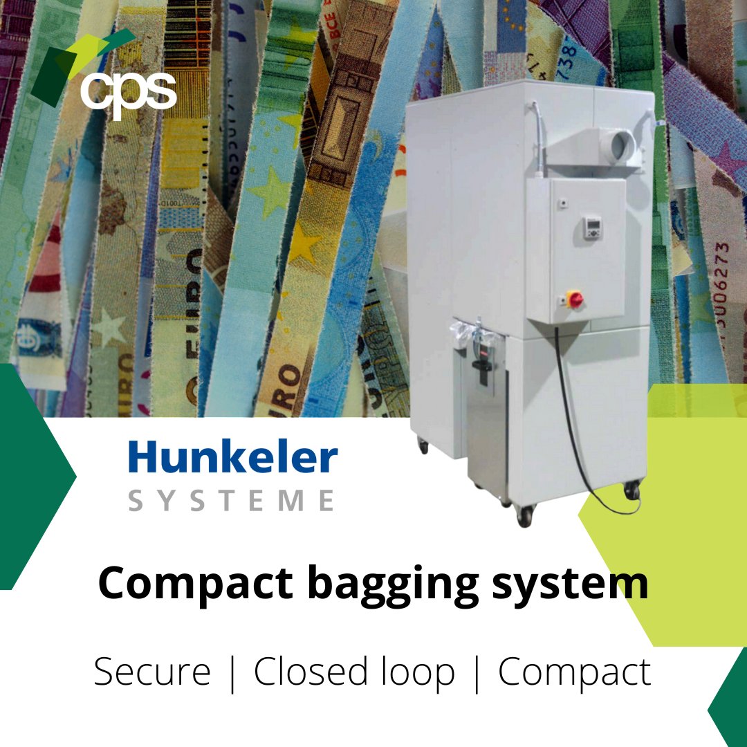 CPSworld's tweet photo. Our compact bagging system is a filtering system that collects shreds directly from the on-line shredder within the V Series™.

This system is used for lower volumes as well as all polymer &amp; hybrid substrates that cannot be briquetted.

#Hunkeler #BankNoteDestruction https://t.co/feZp3aN4iM