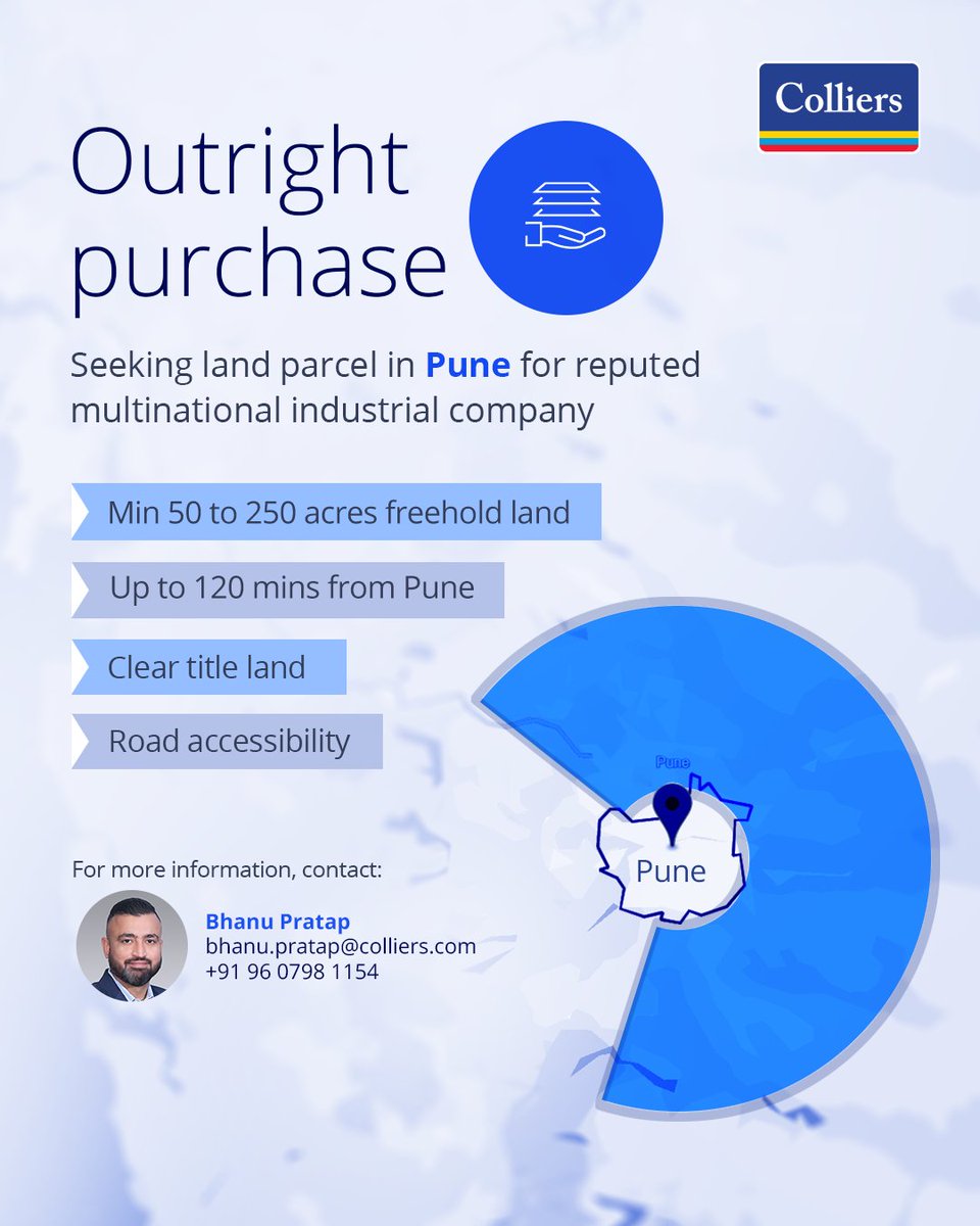 colliers_ind's tweet image. We are seeking prime industrial land in Pune for a reputed multinational corporation. If you own land meeting these criteria and are eager to connect with investors, reach out to Bhanu Pratap.

Learn more ow.ly/57kY50VxaB3

#ColliersIndia #IndiaRealEstate #landparcel
