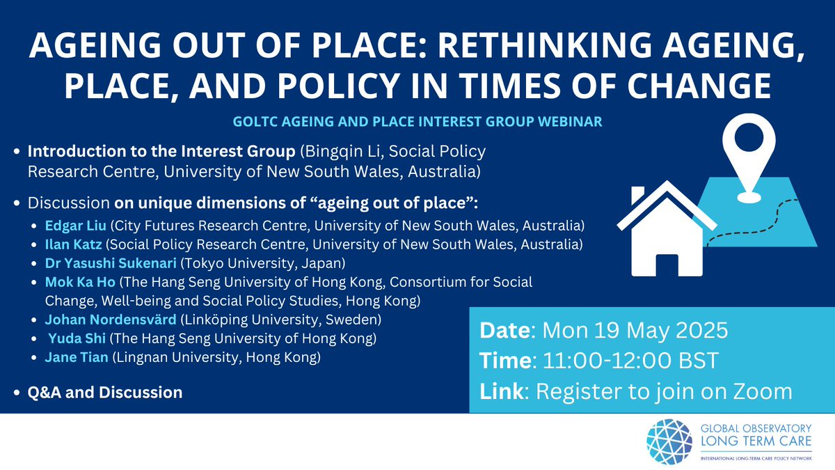UPCOMING WEBINAR on #Ageing out of Place: Rethinking Ageing, Place + Policy in Times of Change 🏡

JOIN an exciting panel on 19 May from Australia, Japan, Hong Kong + Sweden for a webinar on how older adults feel place-based disconnection + more.
REGISTER: lse.zoom.us/meeting/regist…