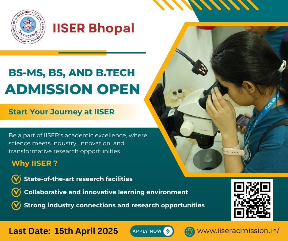 IISER Bhopal (@iiserbhopal) on Twitter photo 6 Days Left to Apply!
The IISER Admissions deadline is April 15!
Don't miss your chance to join one of India's top institutes for science and research.
Ready to start your academic journey in science and research?
Apply Now: iiseradmission.in
<a href="/iiserbhopal/">IISER Bhopal</a> 6 Days Left to Apply!
The IISER Admissions deadline is April 15!
Don't miss your chance to join one of India's top institutes for science and research.
Ready to start your academic journey in science and research?
Apply Now: iiseradmission.in
<a href="/iiserbhopal/">IISER Bhopal</a>