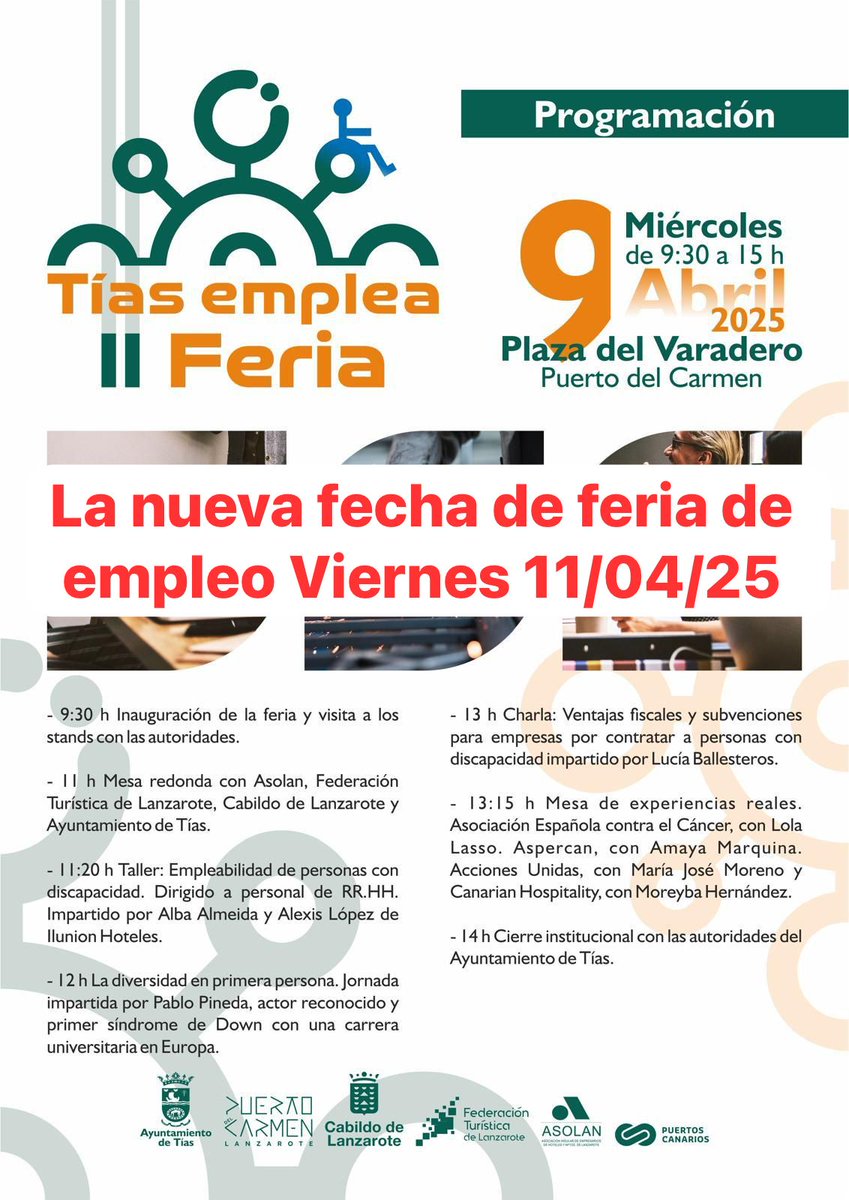 Debido a la alerta de borrasca se cambiar la Feria de empleo para el viernes 11 de abril de 2025.

¡Les esperamos!

#empleo #IIFeriadeempleo #Tiasemplea #ASPERCAN