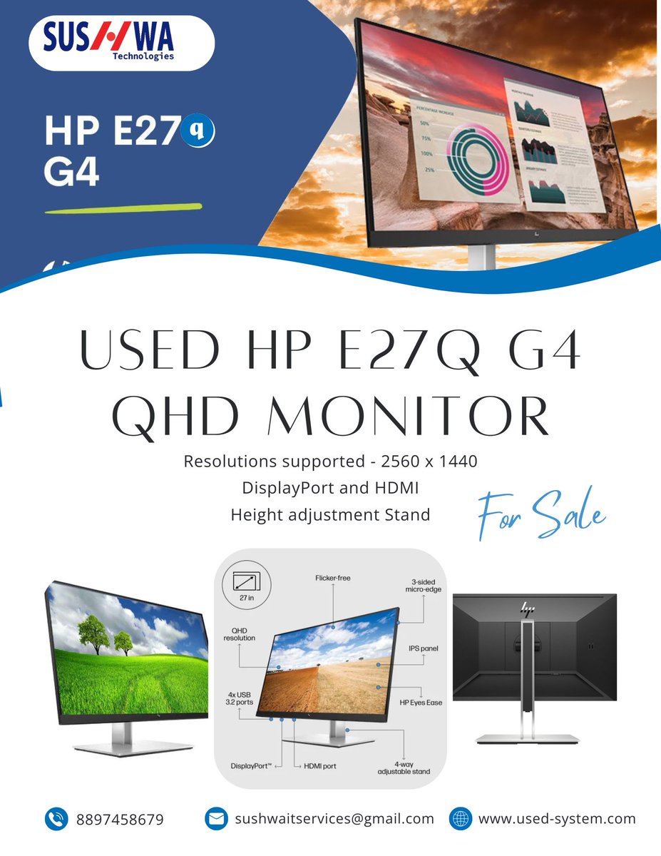 VSReddy360799's tweet photo. https://t.co/Vwf2Ys6jDr
Used HP E27q G4 QHD Monitor
27Inch Display Screen
Resolutions 2560 x 1440
Refresh Rate - 60HZ
DisplayPort and HDMI and VGA
Height adjustable Stand
#HPE27qG4 #QHDMonitor #UsedMonitor #RefurbishedMonitor #27InchMonitor #IPSMonitor #MonitorForSale #UsedTech https://t.co/6u7lFcxOkE