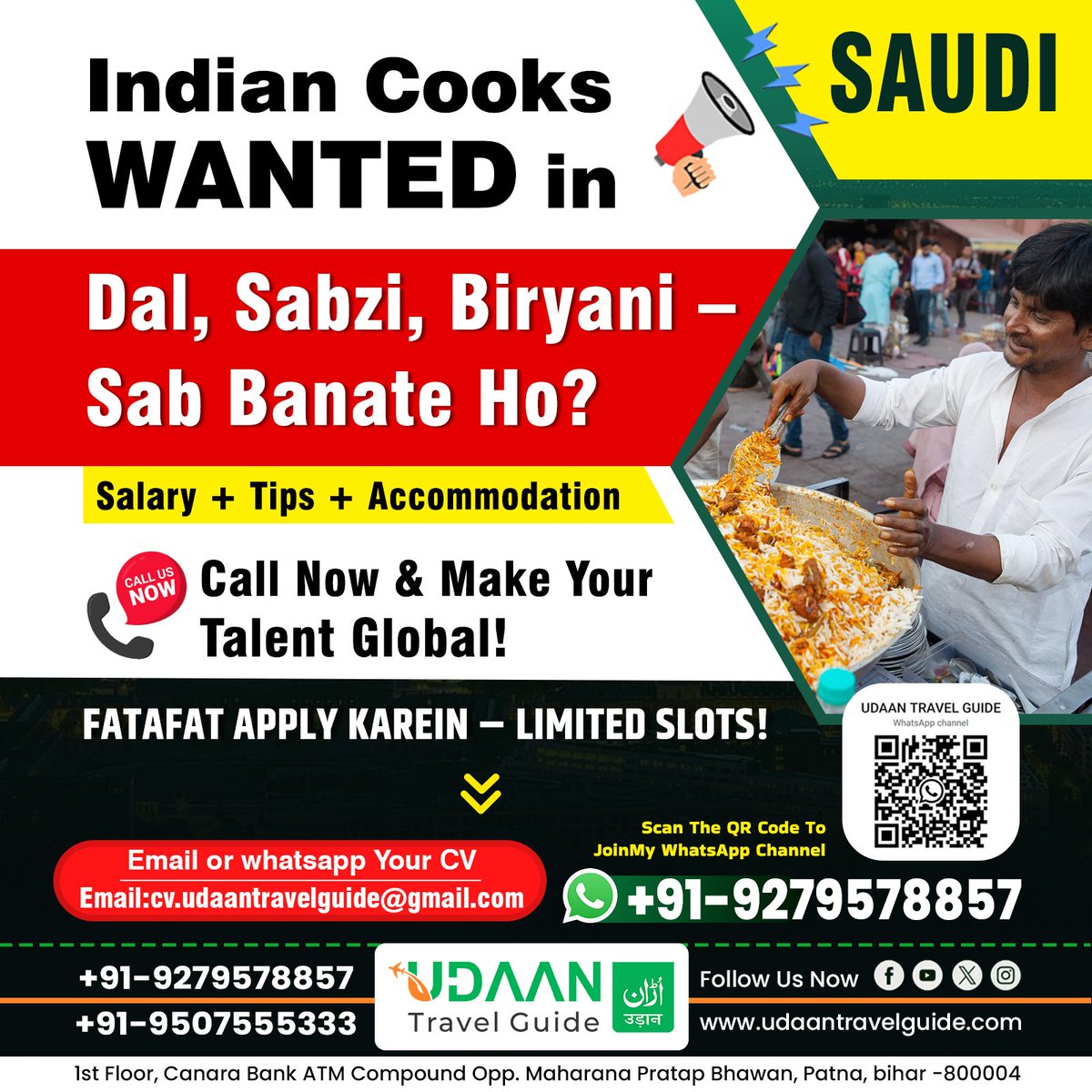 UdaanGuide's tweet photo. Indian Cooks Wanted in Saudi!
Dal, sabzi, biryani ��� agar bana lete ho kamaal, toh duniya hai intezaar mein! 🍛✨
💰 Salary + Tips + Free Accommodation
📞 Call now &amp; let your talent fly with Udaan! https://t.co/5HQG14dJPM