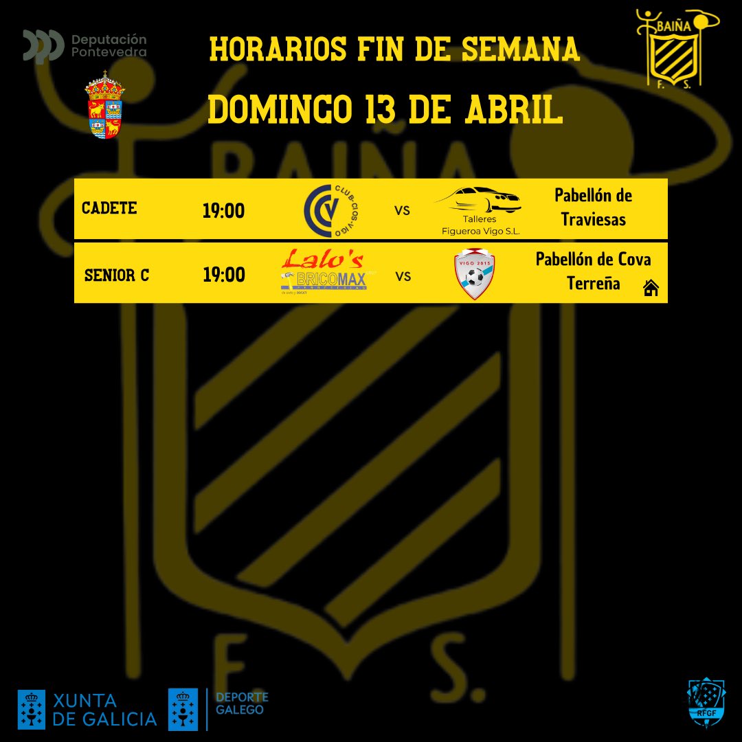 Baifutsal's tweet photo. 𝘼𝙜𝙚𝙣𝙙𝙖 𝙨𝙚𝙢𝙖𝙣𝙖𝙡 | 📆⏰ Comienza la copa para nuestros equipos de base.
Estos son los horarios de esta semana 💪

#ATúaFamilia 💛
#SempreAmarelo
#SempreBaiña https://t.co/3LNsJNiAe5