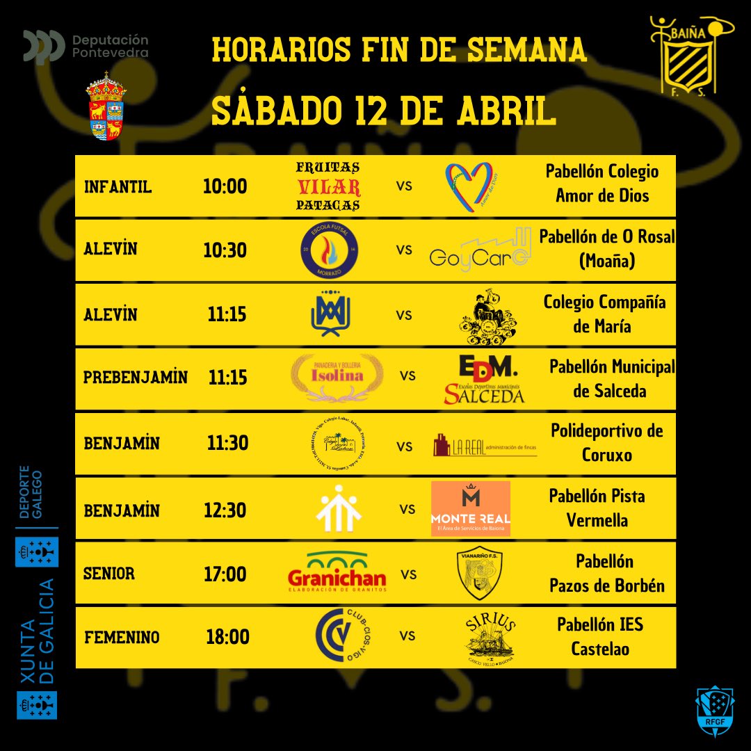 Baifutsal's tweet photo. 𝘼𝙜𝙚𝙣𝙙𝙖 𝙨𝙚𝙢𝙖𝙣𝙖𝙡 | 📆⏰ Comienza la copa para nuestros equipos de base.
Estos son los horarios de esta semana 💪

#ATúaFamilia 💛
#SempreAmarelo
#SempreBaiña https://t.co/3LNsJNiAe5