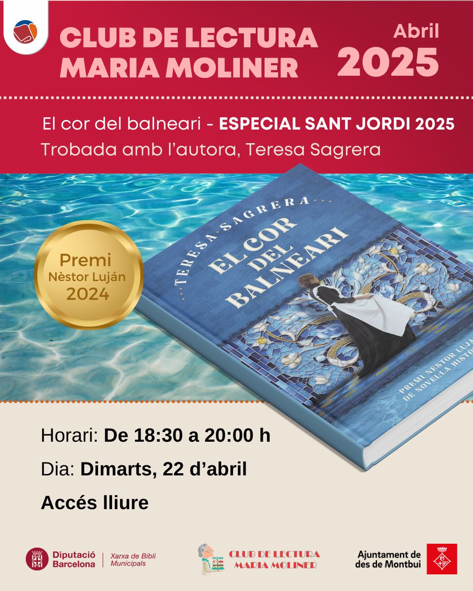 🌹 Especial #SantJordi2025. Club de lectura “Maria Moliner”
📅 El 22 d’abril, a les 18.30 h tindrà lloc a la <a href="/bibcaldesm/">Biblioteca de Caldes</a>  una xerrada sobre l’obra "El cor del balneari" de Teresa Sagrera
➡️ ja.cat/xsKEb