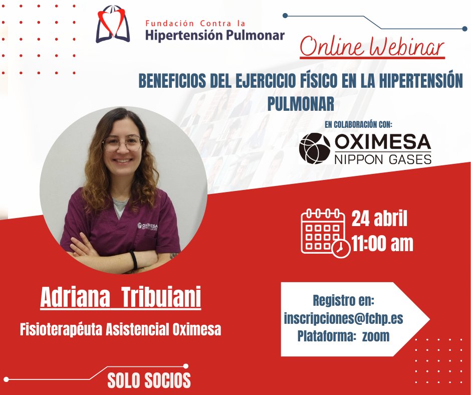 24 de abril | 11:00 h 
Webinar: Beneficios del ejercicio físico en la HP
Aprende ejercicios caseros con la fisio de <a href="/OximesaNG/">OximesaNG</a> , Adrina Tribuiani. 
inscripciones@fchp.es
 Saturómetro
 Botellas de agua
 Bolsa (arroz
Palo de escoba
 Cojín pelota blanda
 Silla
No te lo pierdas
