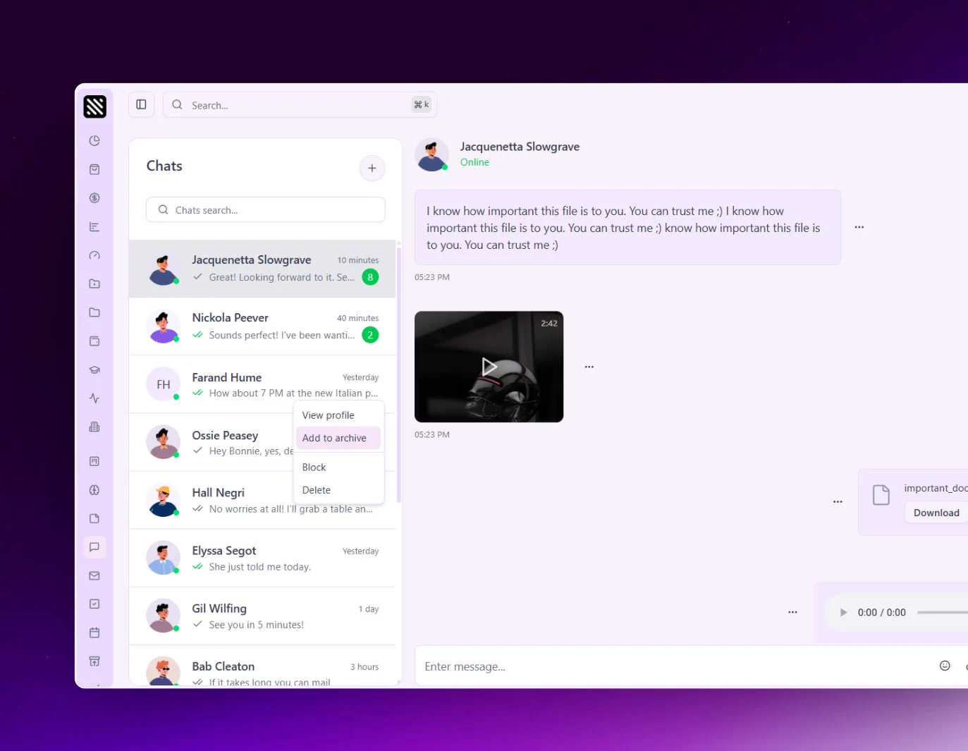 채팅 앱 템플릿 — 3분할 메신저 데스크톱 UI