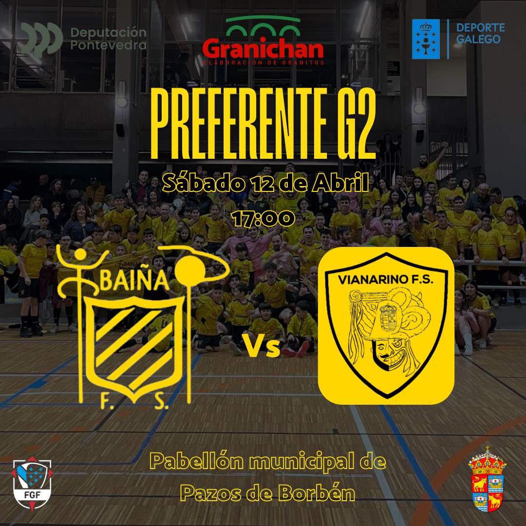 Baifutsal's tweet photo. Recibimos al líder en “casa”❗️

🏆 Preferente Galicia Grupo 2 (Jornada 28)
🆚 Vianariño F.S.
🗓 Sábado 12 de Abril
⏰ 17:00 H 
🏟 Pabellón municipal de Pazos de Borbén

🙌 Muchas gracias a nuestros amigos de Pazos por cedernos durante unas horas el pabellón. https://t.co/OIBB1ONUgT