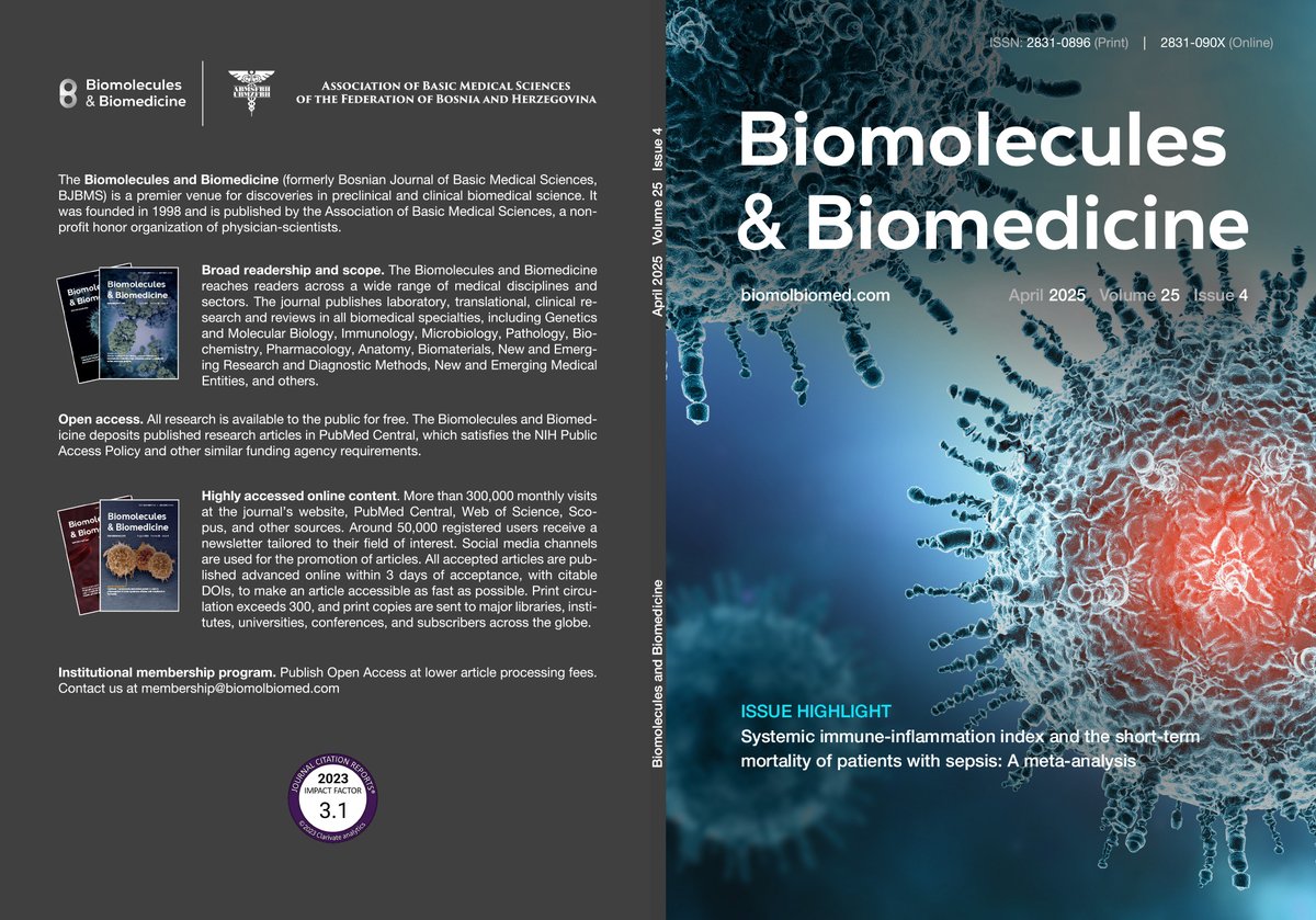 bjbms's tweet image. The April 2025 issue of Biomolecules and Biomedicine (Vol. 25, No. 4) is out!
Stay up to date!
Check out our new issue here: bjbms.org/ojs/index.php/…
#Biomolbiomed #journal #openaccessjournal #biomedicaljournal #medicine #science #researcharticle #immonology #precisionmedicine