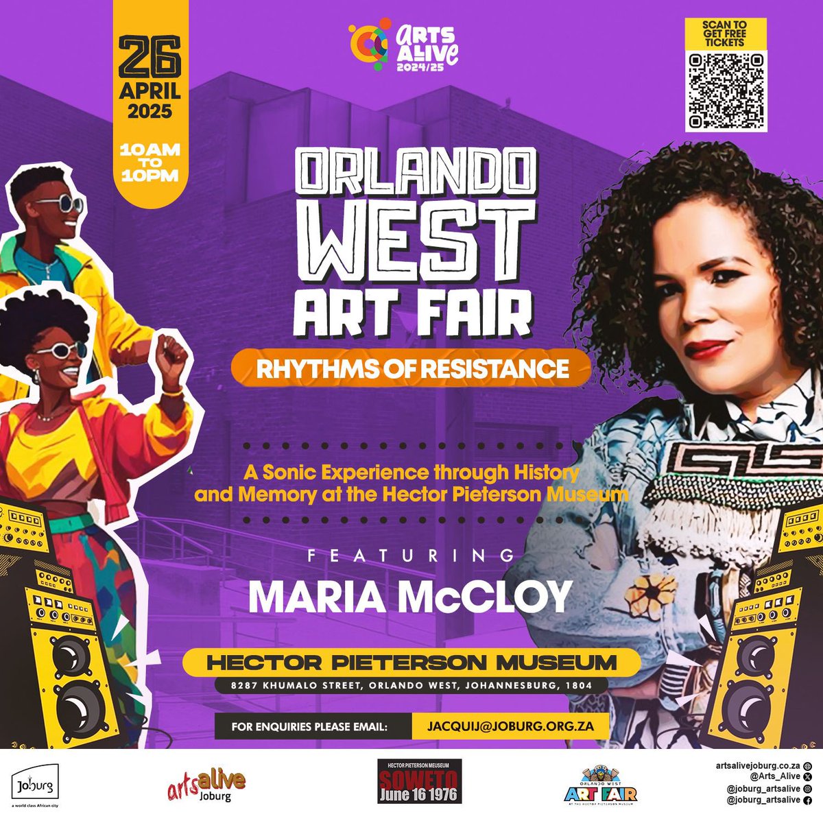 [ORLANDO WEST ART FAIR] MARIA McCLOY LIVE AT RHYTHMS OF RESISTANCE | 26 April 2025 | Hector Pieterson Museum 

Free entry. Real vibes. Limited space (Click link for FREE TICKETS: quicket.co.za/events/309478-…)

For more info, contact: jacquij@joburg.org.za