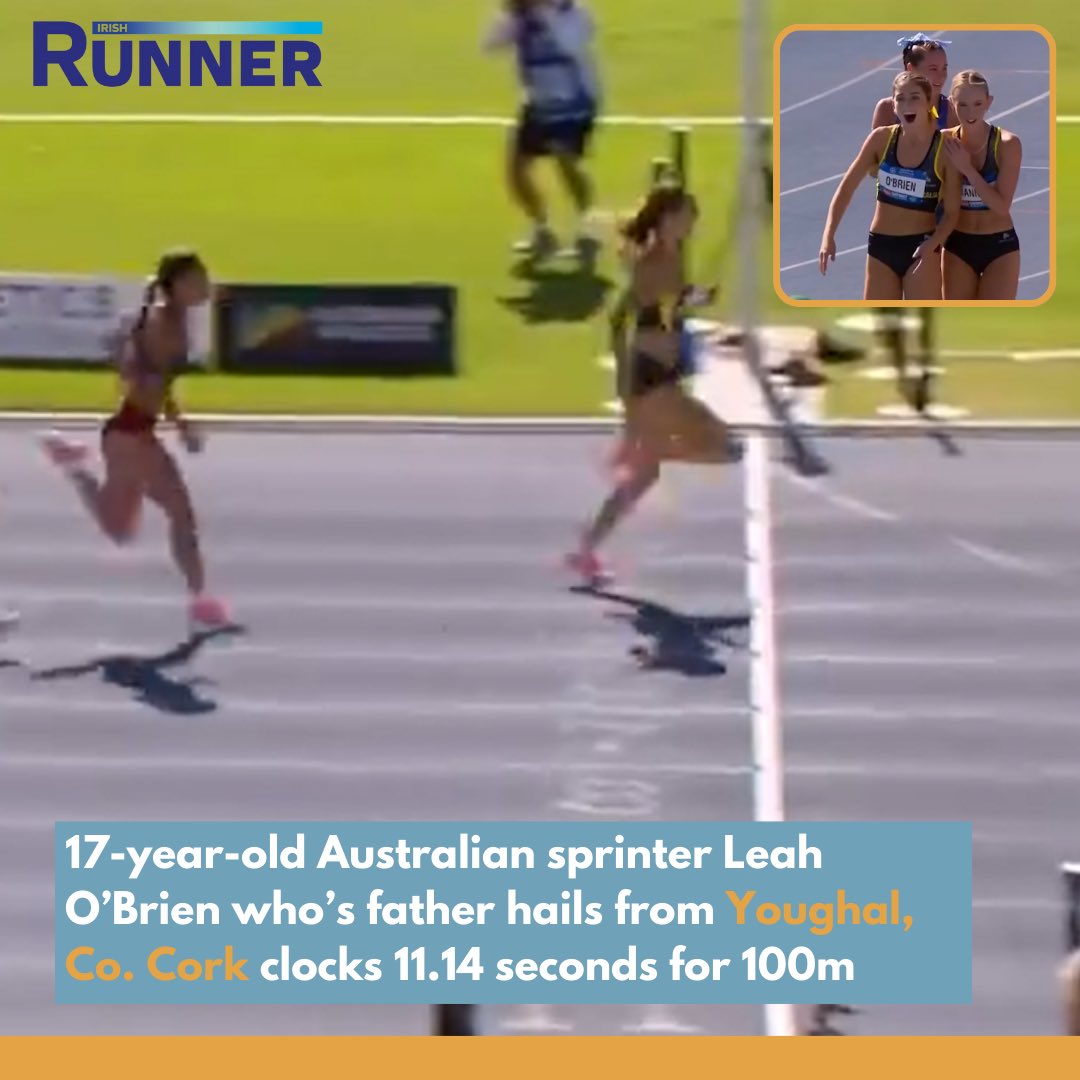 17-year-old Australian sprinter Leah O'Brien is making headlines around the world after clocking a sensational 100m time of 11.14 seconds! 🤯

Her father Dave hails from Youghal in Co. Cork, where her grandparents still live.

One to watch 👀

#IrishRunner