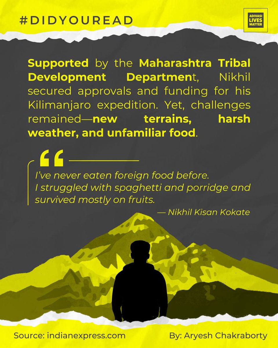 Meet Nikhil Kisan Kokate—the first tribal youth from Pune to summit Mt. Kilimanjaro! From school treks to Africa’s highest peak, his journey shows how dreams rooted in our soil can reach the skies.
#AdivasiAwaaz #TribalPride #Inspiration #Maharashtra