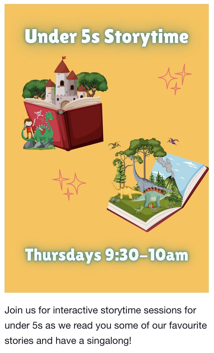 It’s StoryTime at our place on Thursday 10 April from 9.30am to 10am.

Interactive story time sessions for under 5s as we read you some of our favourite stories and have a singalong!

#Catford #SE6 #HitherGreen #SE13 #Lewisham