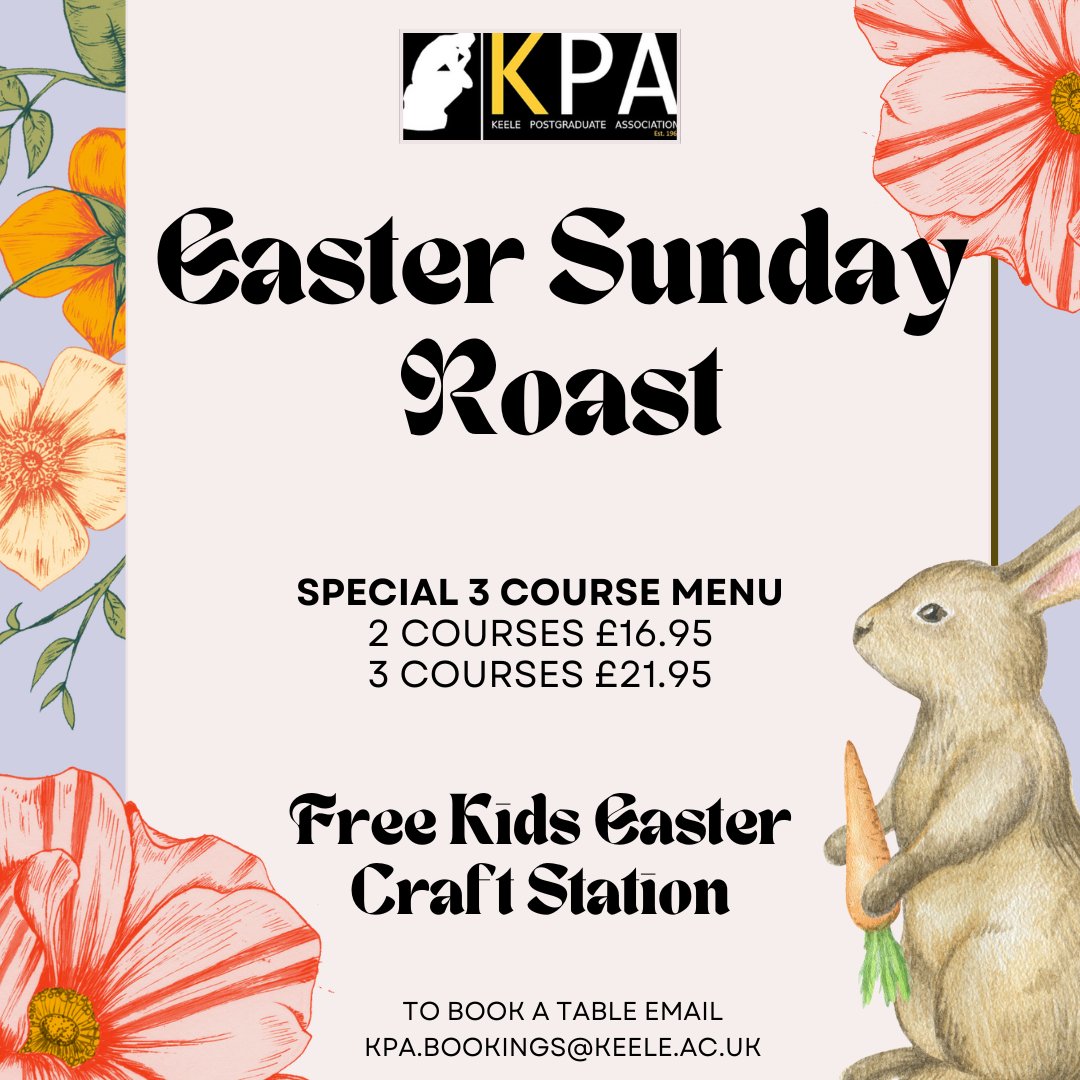 KPA - Keele (@kpakeele) on Twitter photo ๐ผ๐ฐ Join us for a special Easter Sunday Roast! ๐ฝ๏ธ Enjoy a delicious menu with fantastic offers on 2-course and 3-course meals. Don't miss out on this tasty celebration!
๐
Book your table now: kpa.bookings@keele.ac.uk ๐ผ๐ฐ Join us for a special Easter Sunday Roast! ๐ฝ๏ธ Enjoy a delicious menu with fantastic offers on 2-course and 3-course meals. Don't miss out on this tasty celebration!
๐
Book your table now: kpa.bookings@keele.ac.uk