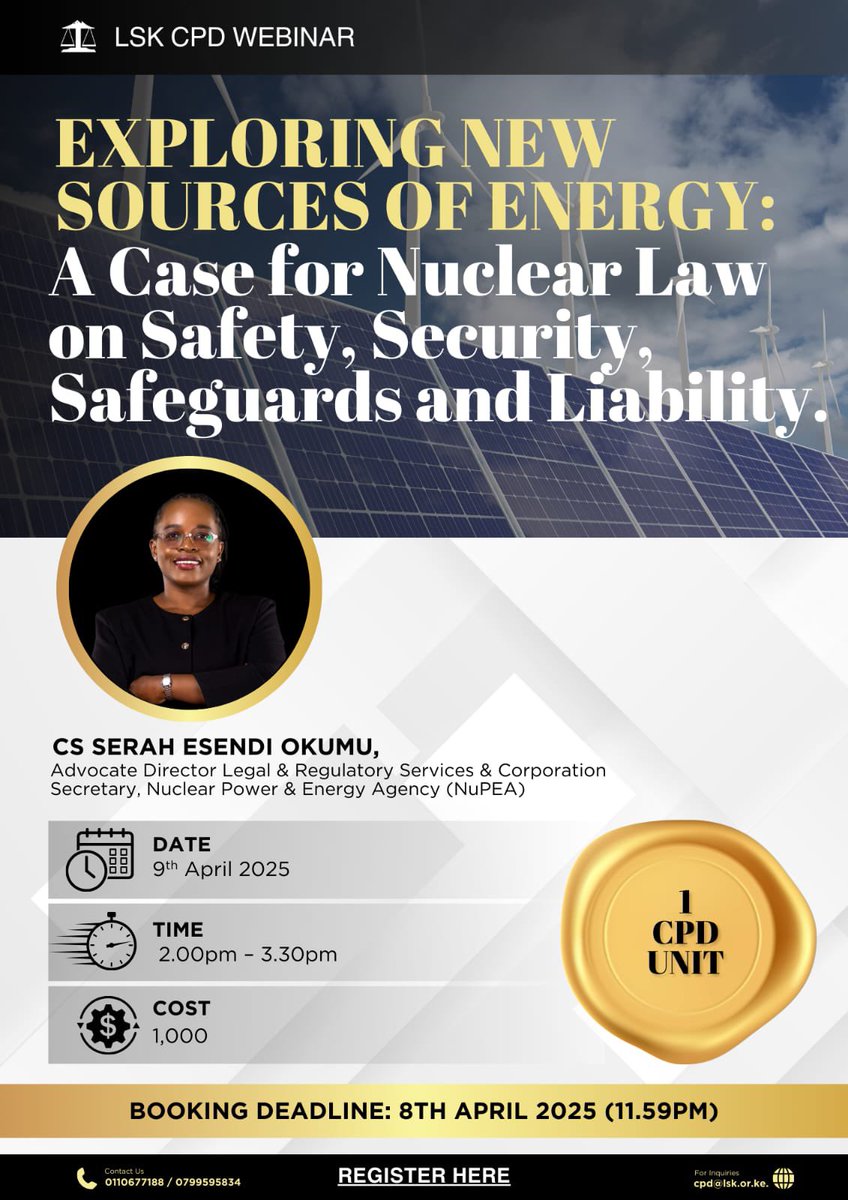 SerahEsendi's tweet photo. Today, I’ll be leading a @LawSocietyofKe webinar on Nuclear Law and its critical role in shaping Kenya’s energy future.

As Director of Legal &amp; Regulatory Services &amp; Corporation Secretary @nuclearkenya, I’ll be speaking on key legal frameworks influencing energy transformation. https://t.co/hwGmBQ9OL7