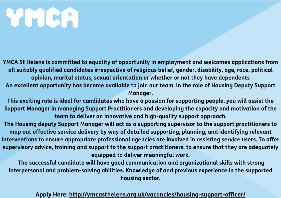 We are recruiting a Deputy Support Manager in our Housing department .To Apply, please visit ymcasthelens.org.uk/vacancies/depu…
#housing#sthelensjobs#charity#mersysidejobs#sthelensjobs#mersysidechrityjobs#sthelenscharityjobs