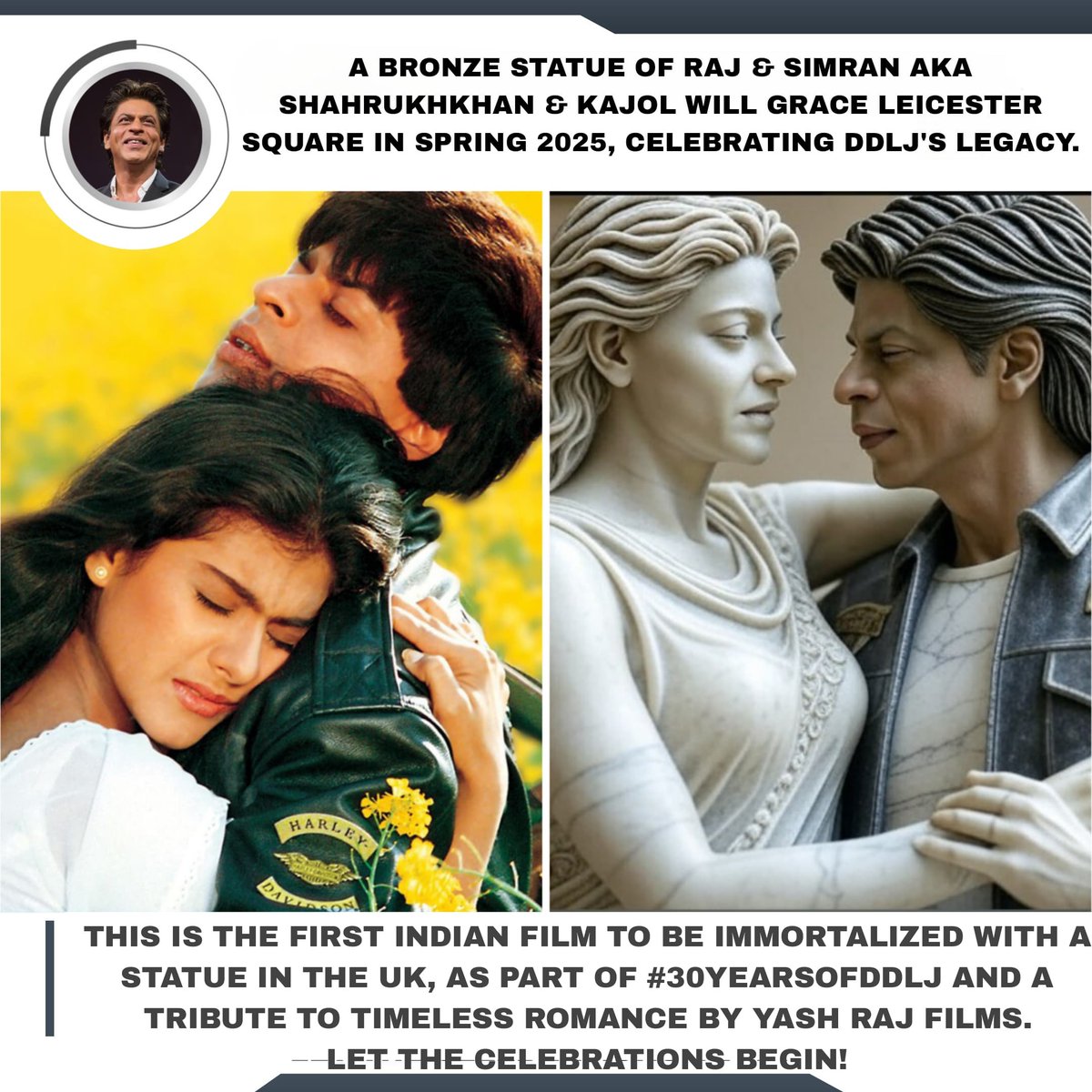 SRKUniverse's tweet photo. From screens to statues - 30 years later, SRK &amp; Kajol’s DDLJ love story is etched in bronze with a stunning tribute in London! ❤️✨

@iamsrk @itsKajolD @yrf 
#SRK #ShahrukhKhan #Kajol #30YearsOfDDLJ #DDLJ #DilwaleDulhaniaLeJayenge #LeicesterSquare #YRFInternational https://t.co/QyQNZA4BKH