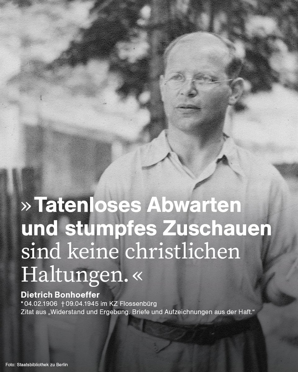 GoeringEckardt's tweet image. Heute vor 80 Jahren wurde Dietrich #Bonhoeffer ermordet.

„Der Christ hat sein Betätigungsfeld in der Welt. Hier soll er (…) den Willen Gottes tun. Und darum ist der Christ nicht resignierter Pessimist, sondern einer, der (…) freudig und heiter ist“, schrieb er noch vor der