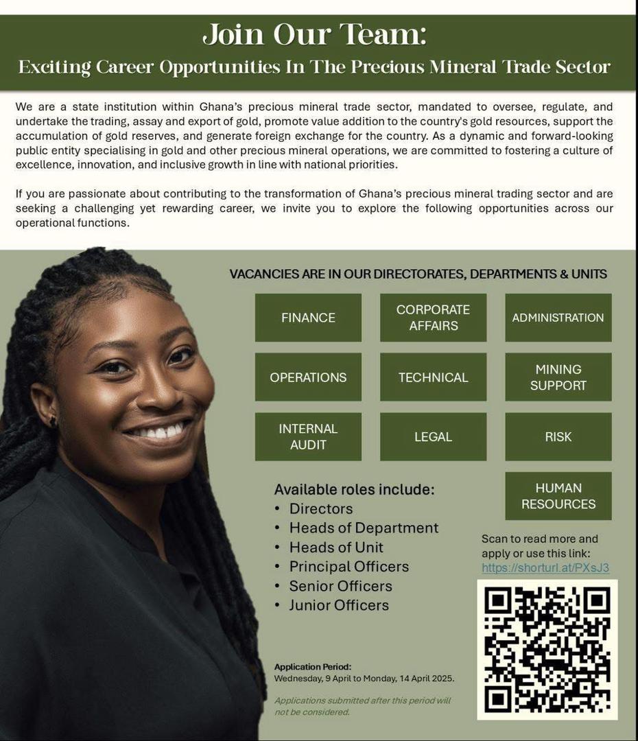 beinpuo's tweet photo. 🌟 Join Ghana's Precious Mineral Trade Sector 🌟  

Are you passionate about driving Ghana's economic growth through strategic mineral trade? A dynamic state institution overseeing Ghana’s gold and precious mineral sector is seeking talented professionals to fill multiple roles https://t.co/xitMdhEdLQ
