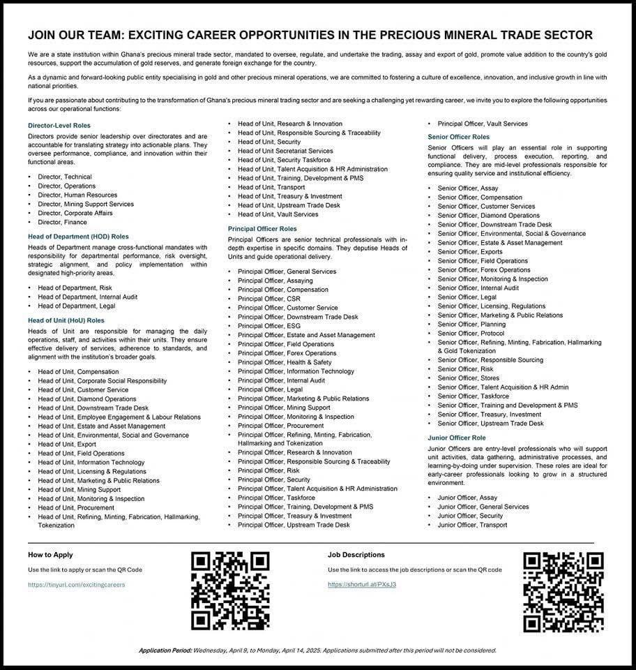 beinpuo's tweet photo. 🌟 Join Ghana's Precious Mineral Trade Sector 🌟  

Are you passionate about driving Ghana's economic growth through strategic mineral trade? A dynamic state institution overseeing Ghana’s gold and precious mineral sector is seeking talented professionals to fill multiple roles https://t.co/xitMdhEdLQ