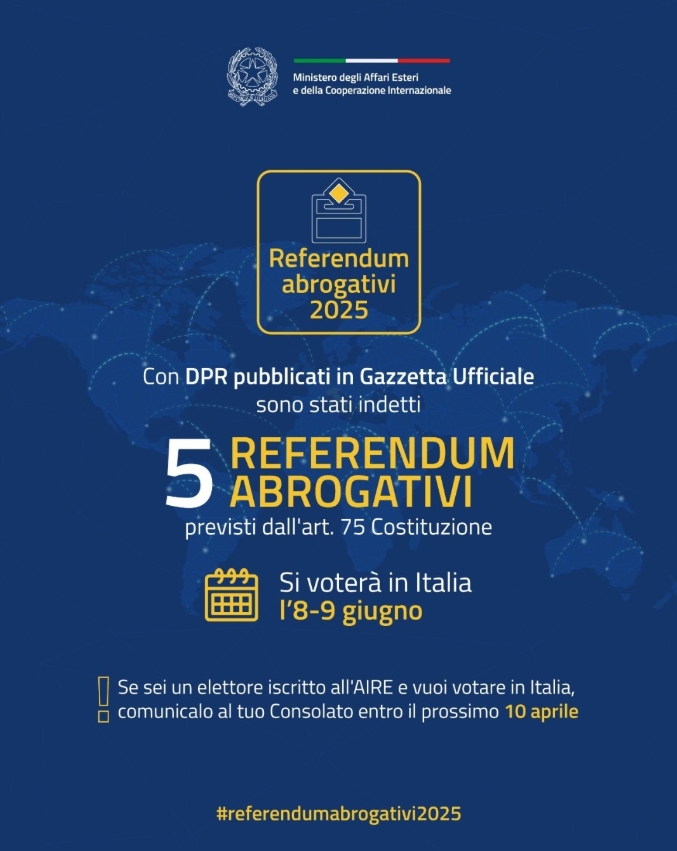 ItalyinSPb's tweet photo. Indetti per l’8-9 giugno 5 #Referendumabrogativi2025 previsti dall'art. 75 Costituzione. Se sei iscritto all'AIRE riceverai a casa il plico per votare. Se vuoi votare in Italia, comunicalo al tuo Consolato entro il 10 aprile.https://t.co/sSkEWNGVz9 https://t.co/K2iAM9WBop https://t.co/xRUHpCu5ql