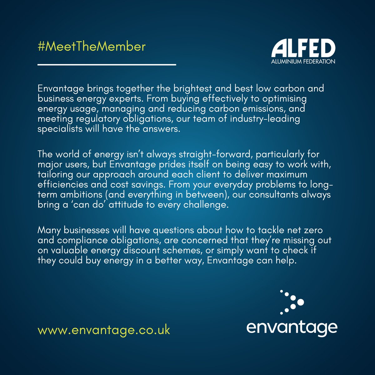 alfedaluminium's tweet photo. Meet the #AssociateMember, Envantage, low carbon and energy experts!🙌
🔗Learn more about how #Envantage can help you define a more #Sustainable future👉https://t.co/5dhz7jOjak
#MeetTheMember #ALFEDMember #Sustainability #UKAluminium #ALFED #UKManufacturing https://t.co/aH2aCq33nV