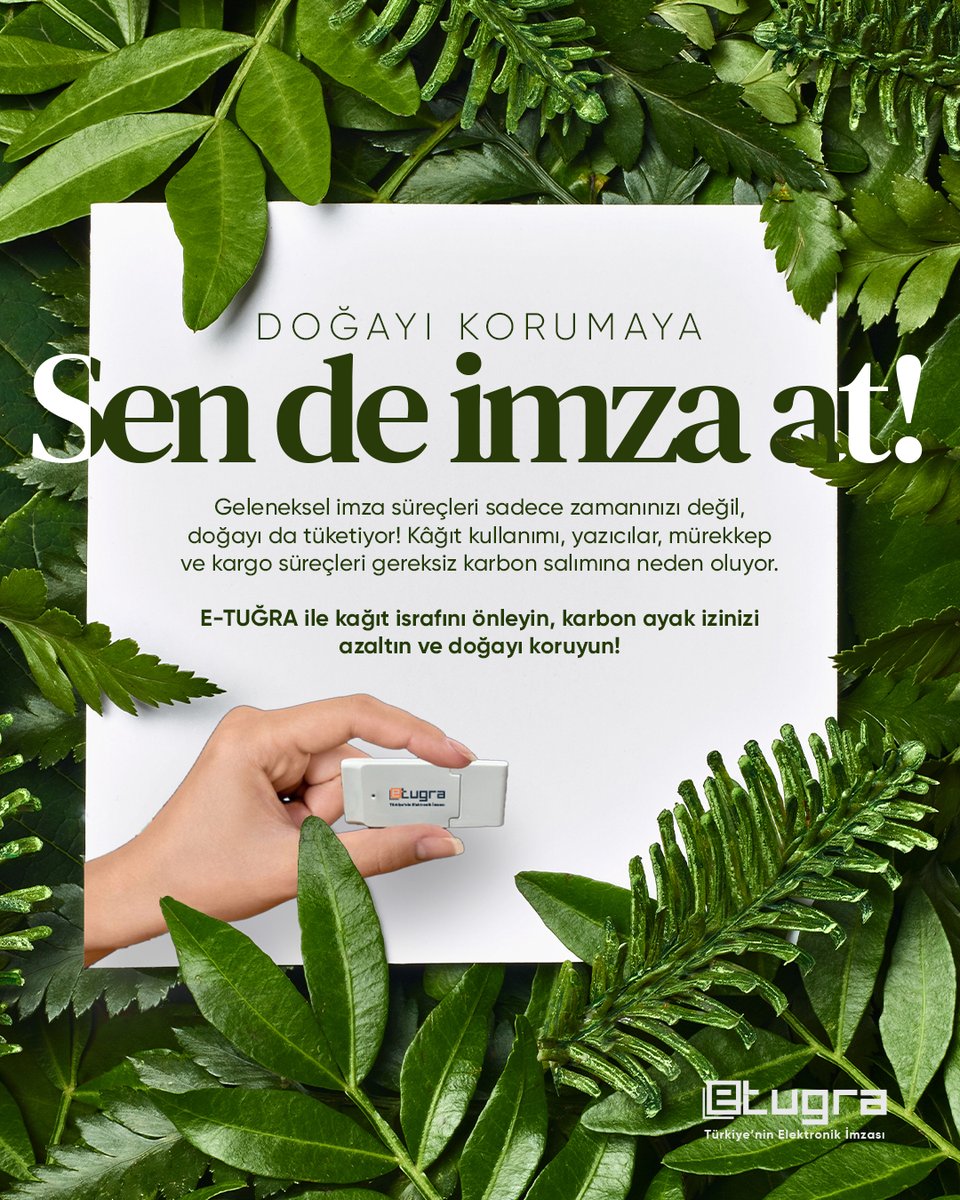 Geleneksel imza süreçleri yalnızca zamanınızı değil, doğayı da tüketiyor! Kâğıt kullanımı, yazıcılar, mürekkep ve kargo işlemleri gereksiz karbon salımına yol açıyor.

E-TUĞRA ile kâğıt israfını önleyin, karbon ayak izinizi azaltın ve doğayı koruyun!