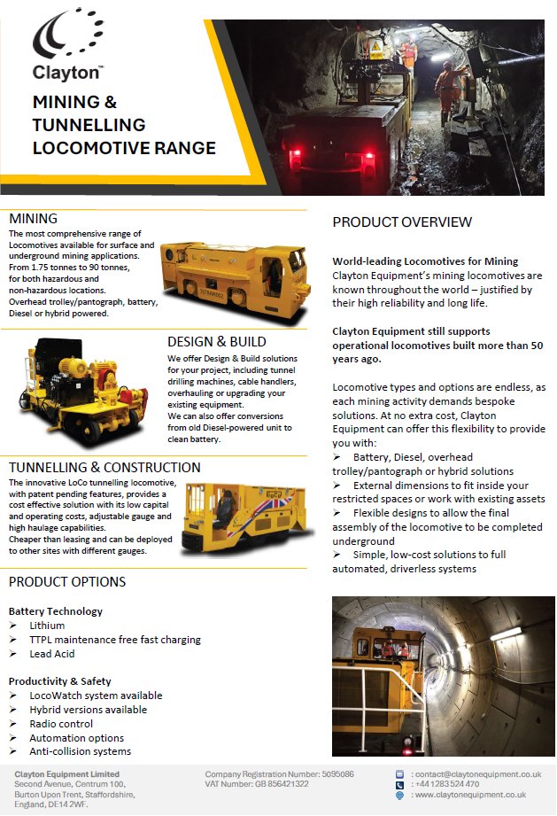 ClaytonLocos's tweet photo. @ClaytonEquipltd Zero Emission Mining Locomotives - Clayton can propose and produce an appropriate locomotive for any mine…. anywhere. 
Finance and Leasing options available https://t.co/fNASNr4TNz