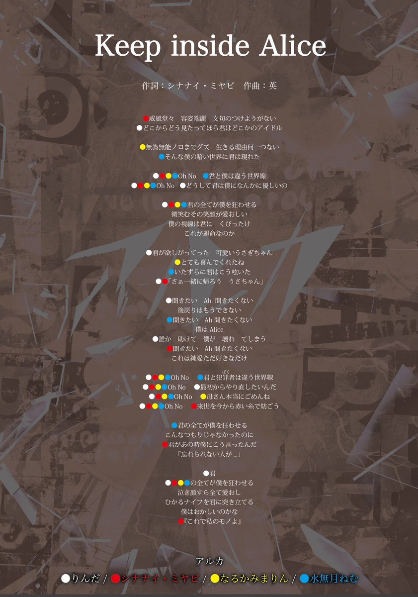 アルカ歌詞&歌割り公開】 『Keep inside Alice』 作詞 : シナナイ
