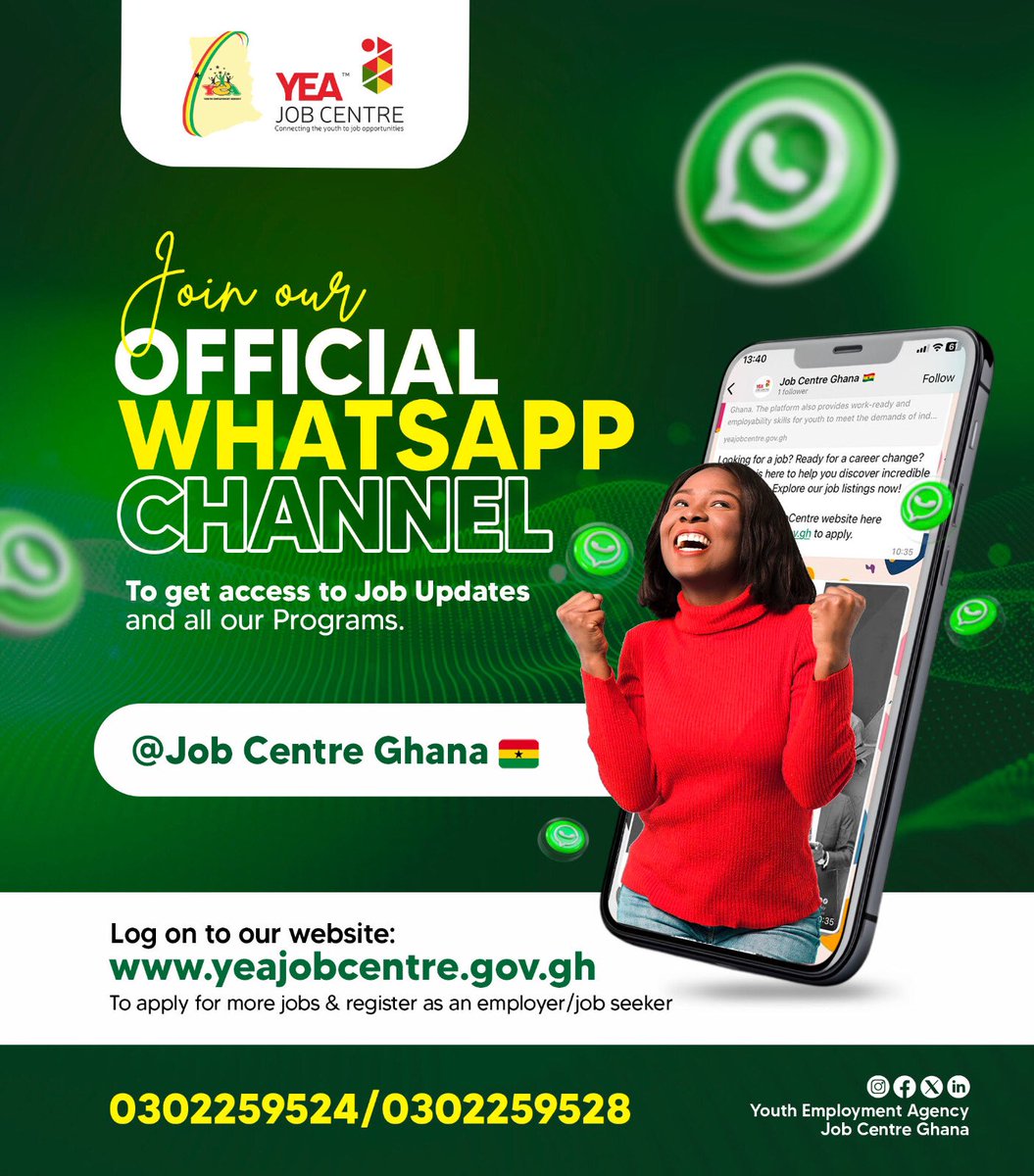 We’re thrilled to announce the launch of our OFFICIAL WHATSAPP  CHANNEL! Get ready for exclusive updates, instant news, and more – directly in your inbox!

CLICK HERE : whatsapp.com/channel/0029Vb… to join.

#Youthemploymentagency #Yeajobcentre #yea #connectingopportunities