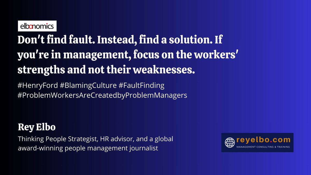 Rey_Elbo's tweet image. Apr 9, 2025 #WonderfulWednesday #ELBONOMICS
Finding a win-win solution is one key to employee motivation. How are you doing it with a toxic boss? #faultfinding #blamingculture #henryford