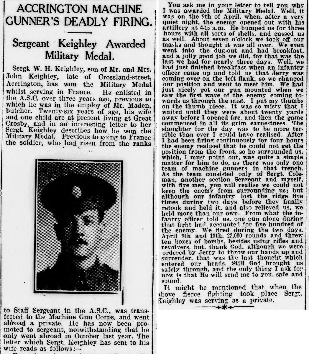 107 years ago today, William Henry Keighley - an Accrington machine gunner if born in Burnley! - earned the Military Medal. (From the Accrington Observer of 17th August 1918, courtesy of British Newspaper Archives on findmypast.)