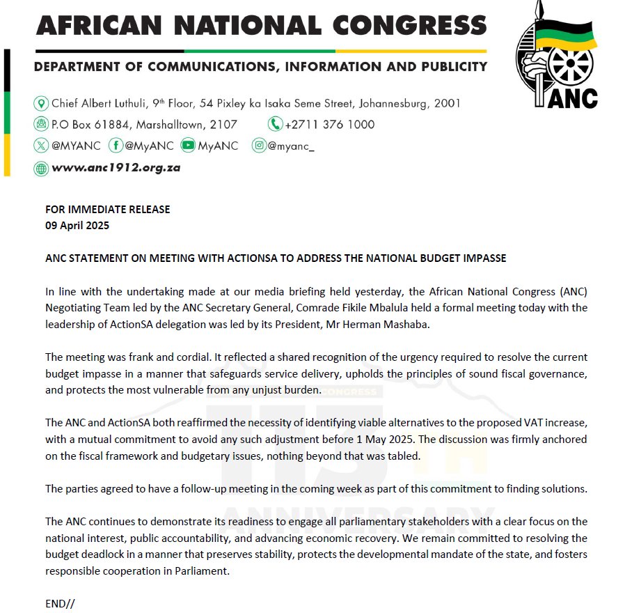 🚨BREAKING NEWS🚨

ActionSA and the ANC met today and both parties have committed to ensuring the avoidance of a VAT Increase on 1 May 2025.

The meeting was productive and focused on preventing South Africans having to pay for the internal powerplays within the GNU.