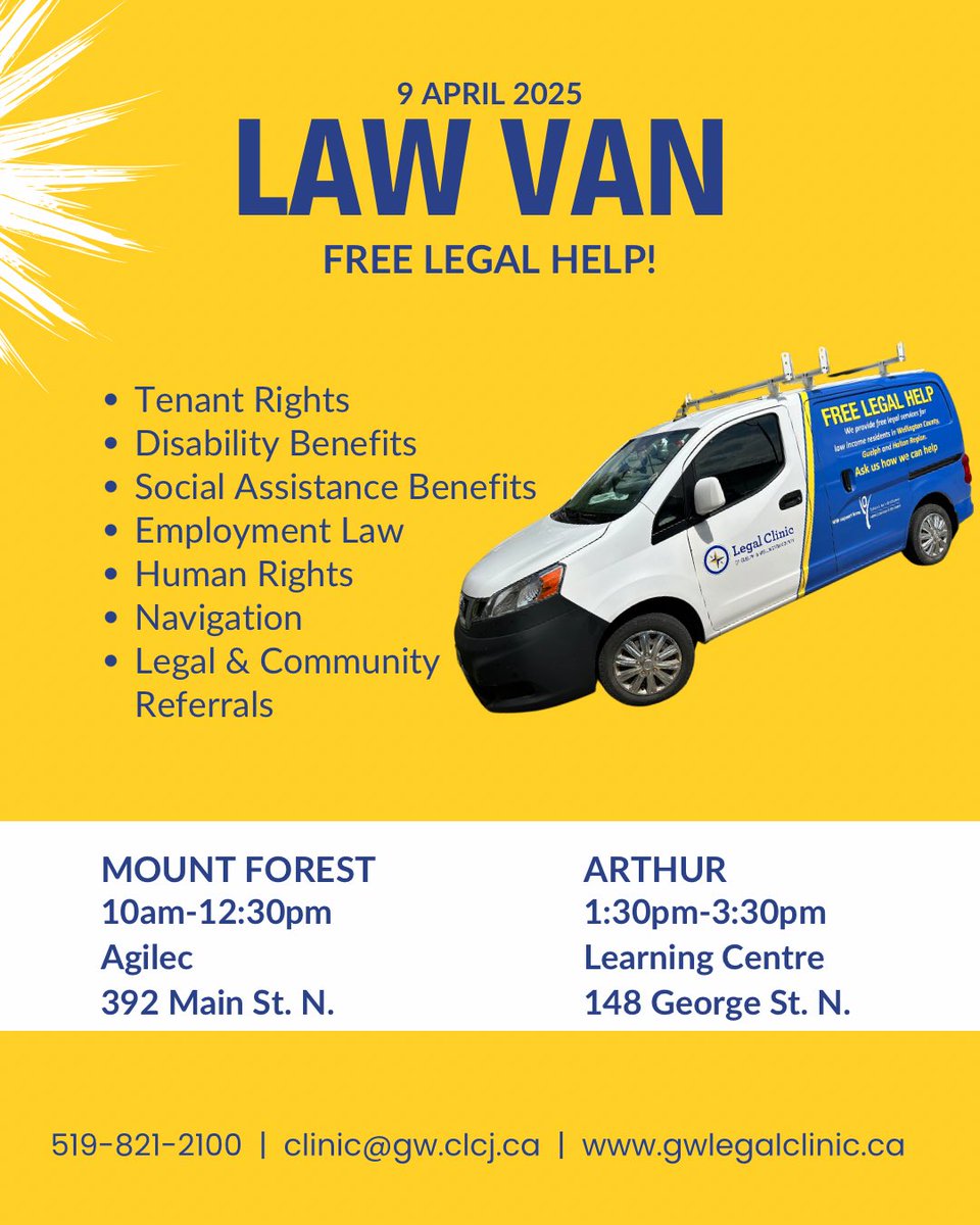 GWLegalClinic's tweet photo. Visit the #LawVan in @TwpWellNorth today, April 9.
@AgilecMtForest @WCLCLearn @CMHAWW @887theriver @OurCRC https://t.co/4y3Aev7RjN