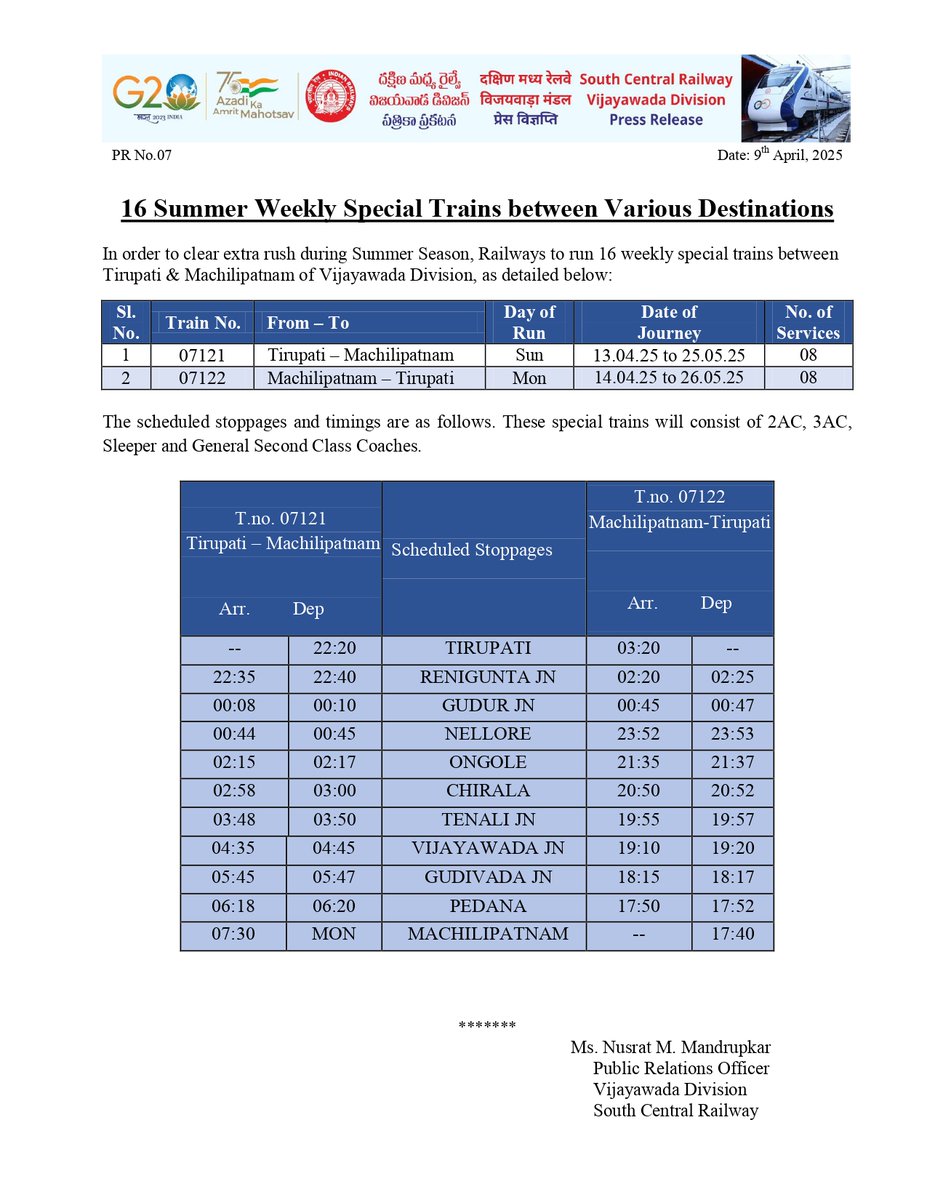 drmvijayawada's tweet image. 📢📢👏👏🙋‍♂️🙋‍♀️
Attention Passengers

In order to clear extra rush during Summer Season, Railways to run 16 weekly special trains between #Tirupati &amp;amp; #Machilipatnam of #Vijayawada Division, #SCR as detailed below
@SCRailwayIndia @RailMinIndia