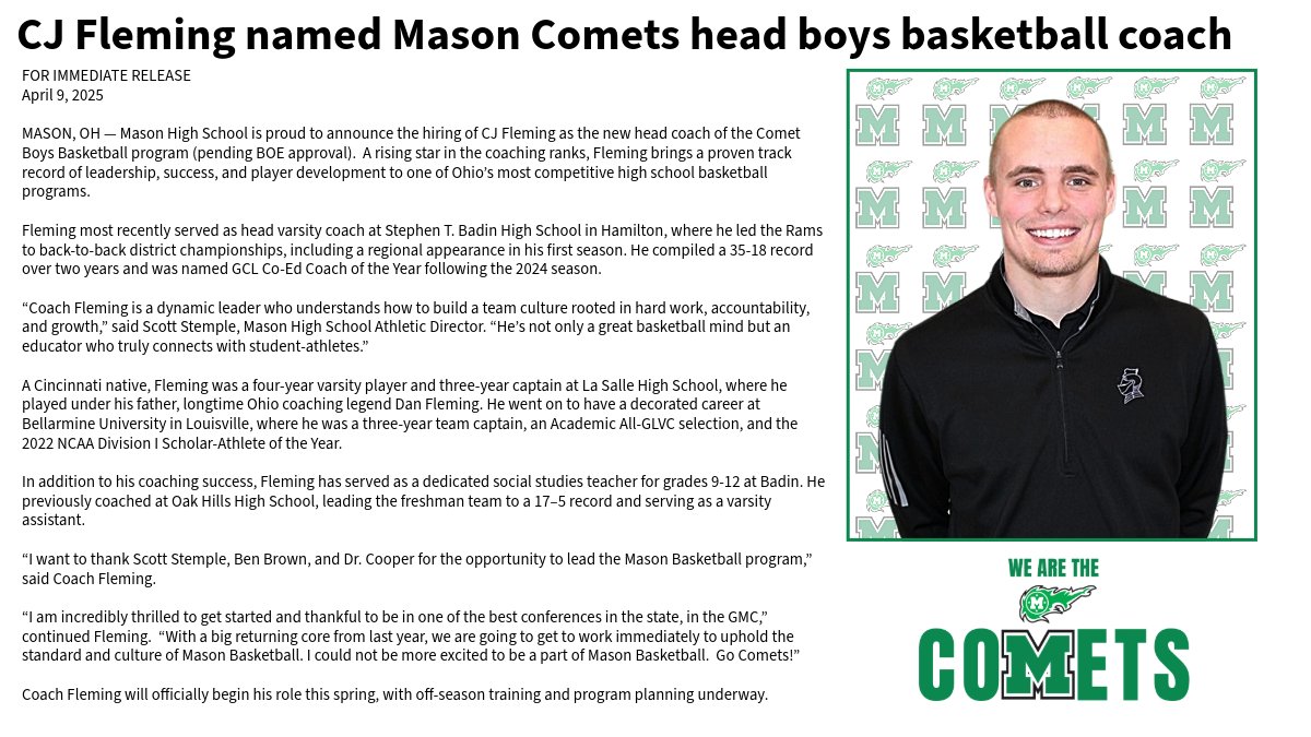BREAKING NEWS: Mason Comets name Fleming new head basketball coaching (Pending BOE approval)