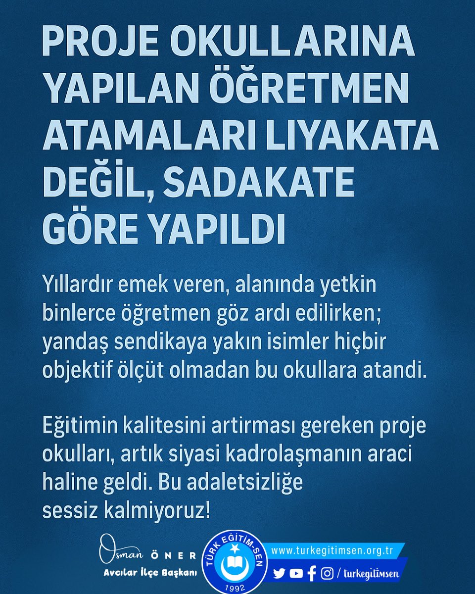 Proje Okullarına Yapılan Öğretmen Atamalarında Liyakat Göz Ardı Edildi!

Son günlerde kamuoyuna yansıyan proje okullarına öğretmen atamaları süreci, eğitim camiasında ciddi hayal kırıklıklarına ve adalet duygusunun zedelenmesine yol açmıştır. Ne yazık ki bu atamalarda objektif