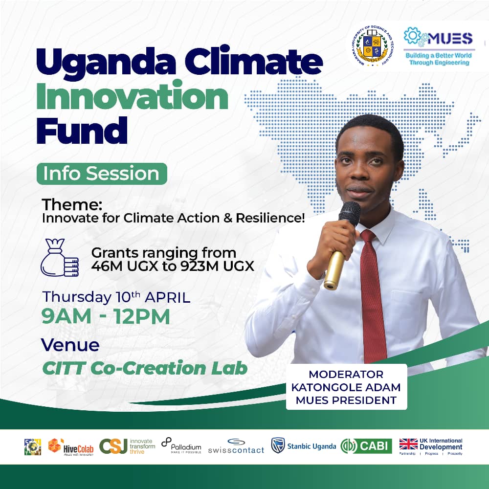 mues_must's tweet photo. Hello Innovators, Entrepreneus and Engineers!

Do you want to make an impact in Agriculture?

#UgandaClimateInnovationFund is here! 
With a cash pool of 7B UGX, you have a chance to bring your idea to life,
On 
Friday 11th April 2025
Venue :CITT

Don't miss out!🔥 https://t.co/nt3NyAaPOU