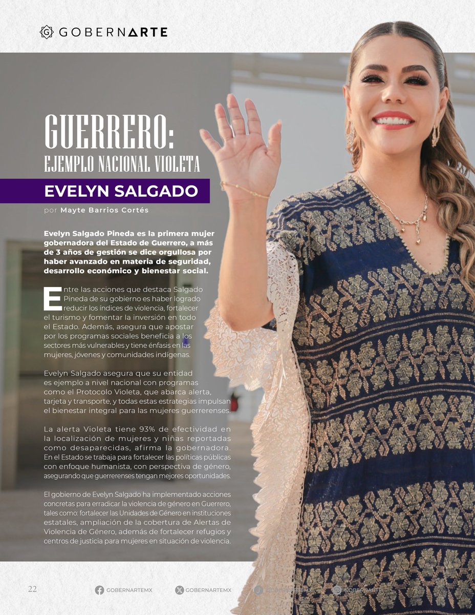 GobernArteSC's tweet photo. “Guerrero: ejemplo nacional violeta” 💜✨
@EvelynSalgadoP está marcando un antes y un después como la primera mujer gobernadora del estado. Con más de 3 años al frente, impulsa una transformación profunda con enfoque de género, justicia social y desarrollo para todas. 👩‍⚖️🌺

Con programas como el Protocolo Violeta, apoyos a emprendedoras, inversión en seguridad con perspectiva de género y acciones para erradicar la violencia, Guerrero se consolida como referente nacional en políticas públicas para las mujeres. ⚖️🚨👩‍💼

“¡No están solas!”, asegura la mandataria a las guerrerenses. Su gobierno trabaja día a día para que mujeres y niñas vivan una vida libre de violencia, con acceso a la justicia, bienestar y nuevas oportunidades. 🛡️👧🏽🌈

Guerrero avanza con fuerza femenina al mando.
¡Juntas tejemos un estado más justo, digno y seguro para todas! 💪♀️

¡No te pierdas el reportaje completo!
Descarga tu copia gratuita y sé parte del cambio hoy mismo 📲
https://t.co/0hxDWzXSVN

#GobernArteReview #ElPoderDeEllas #GuerreroVioleta #EvelynSalgado #MujeresAlMando #LiderazgoFemenino #SeguridadConPerspectivaDeGénero #EmpoderamientoFemenino #RevistaPolítica #DescargaGratis