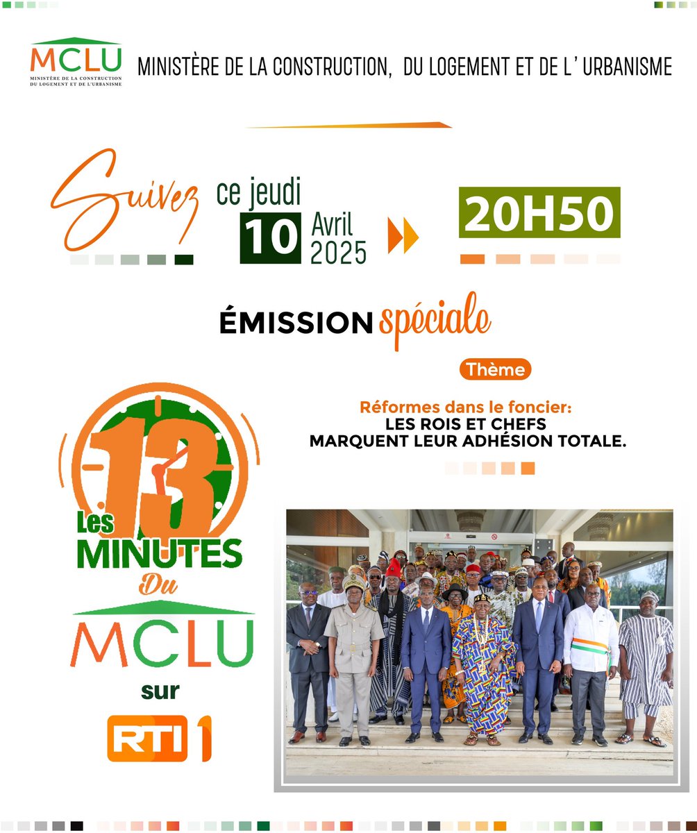 mulcv_gouv's tweet photo. Ce jeudi 10 avril 2025 à 20h50, retrouvez sur #RTI1, un numéro spécial de votre émission « Les 13 minutes du MCLU ».

Thème : "Réformes dans le foncier : les Rois et les Chefs marquent leur adhésion totale."

#les13minutesdumclu
#adressage #mclu
#immobilier #foncier 
#Logements #reformesmclu
#ADU #ACD