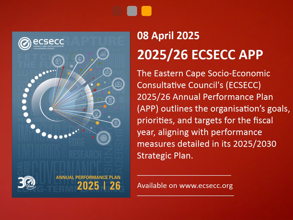 ECSECC has published its Annual Performance Plan which outlines the organisation’s goals, priorities, and targets for the year.

You can download and read it here: ecsecc.org/infocentreitem…